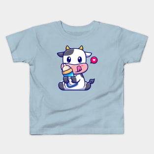 Cute Baby Cow Holding Milk Cartoon Kids T-Shirt